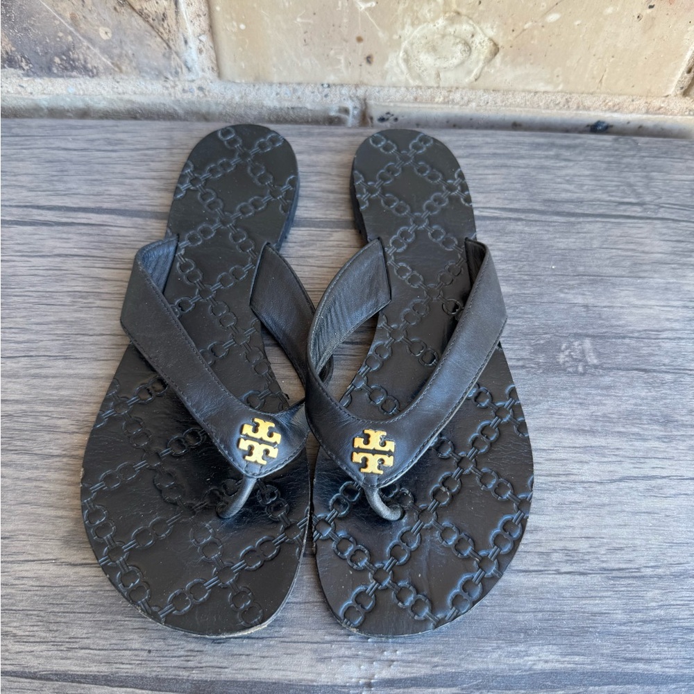 Tory Burch Women’s Leather Monroe Black Thong Sandals Size 7 - Picture 2 of 10